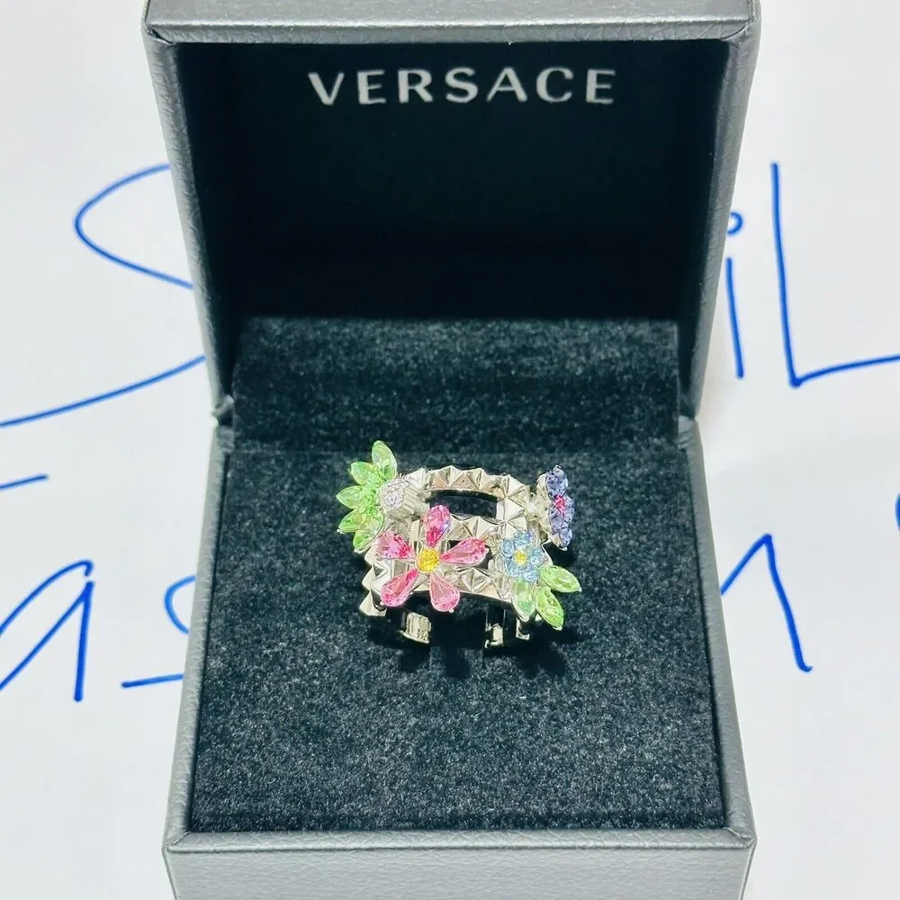 NIB Versace Multicolor Crystal Flower Bloom Ring Silver Tone IT 15 US 7 $675